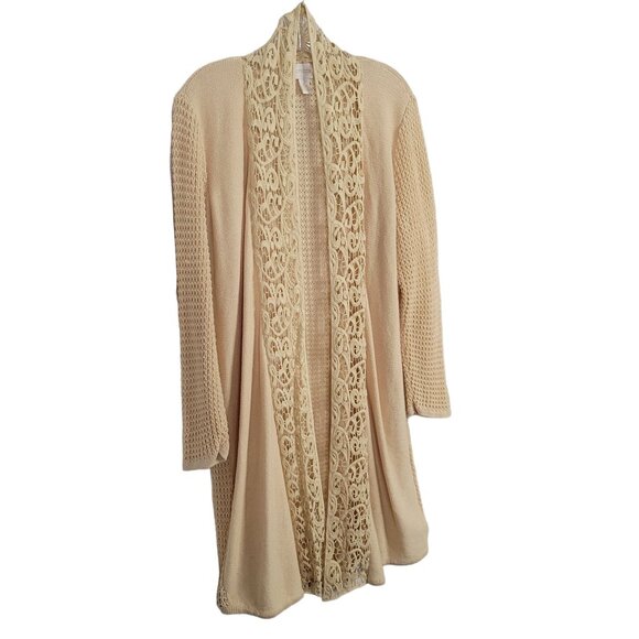 Chico's Sweaters - Chico's 2 Size L Cardigan Open Leslie Lace Front Long Jacket Cotton Blend Beige